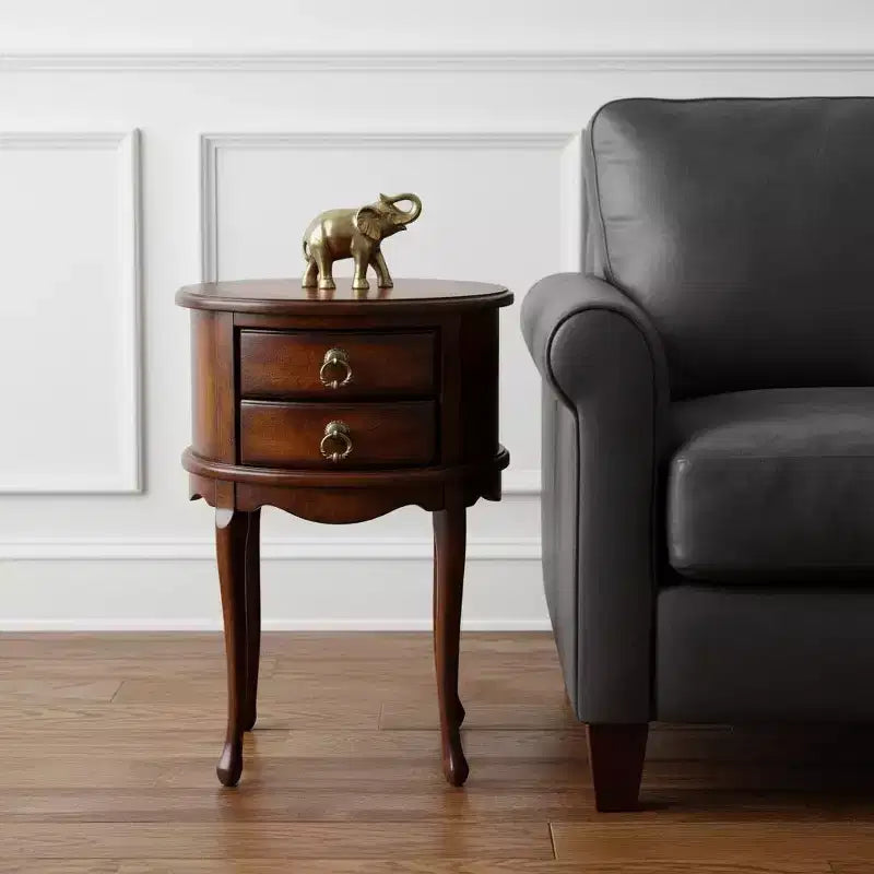 Tavolino ovale con due cassetti in legno scuro marrone e ciliegio da 26"