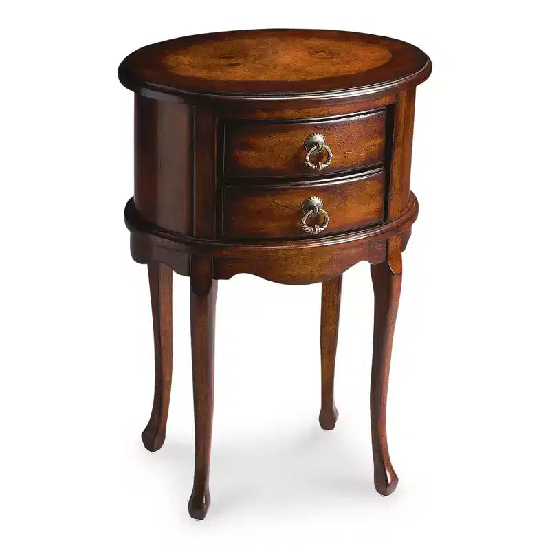 Tavolino ovale con due cassetti in legno scuro marrone e ciliegio da 26"