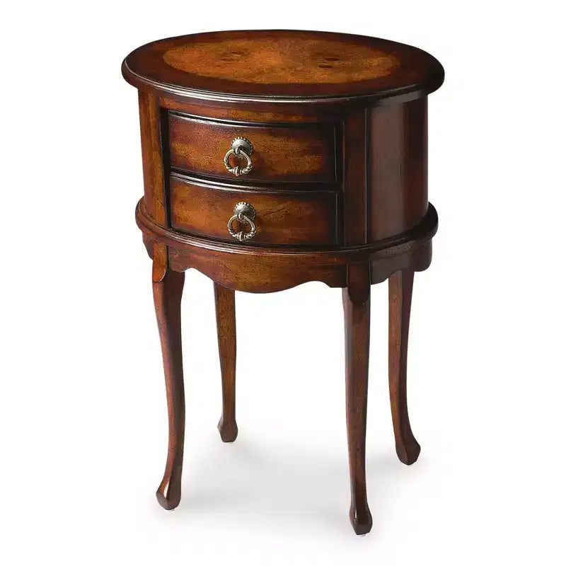 Tavolino ovale con due cassetti in legno scuro marrone e ciliegio da 26"