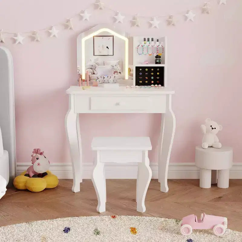 Set da toeletta per bambini con specchio, sgabello e playset trucco in legno per bambine di età compresa tra 3 e 8 anni