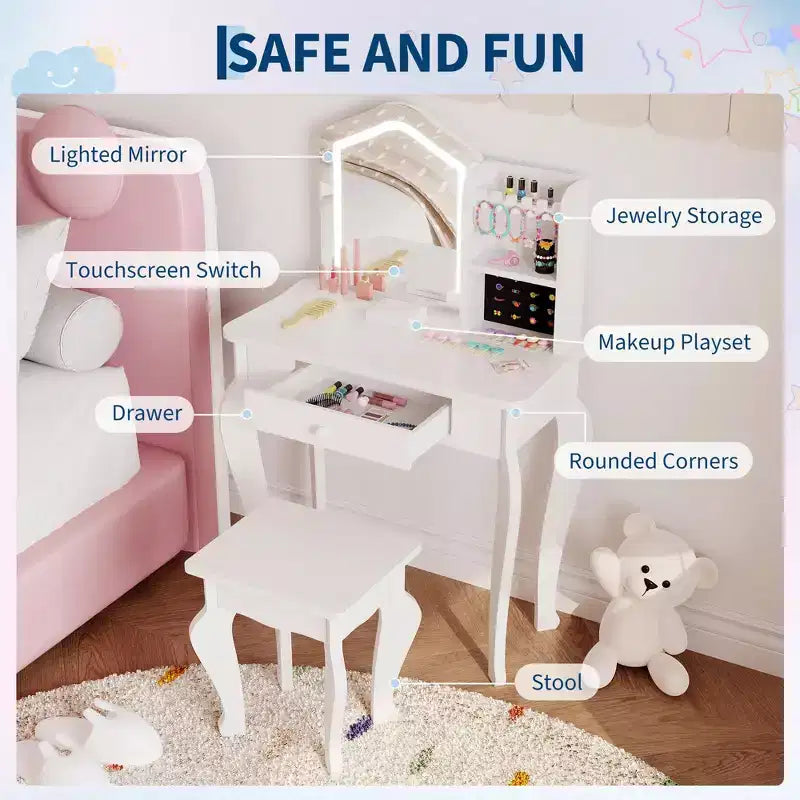 Set da toeletta per bambini con specchio, sgabello e playset trucco in legno per bambine di età compresa tra 3 e 8 anni