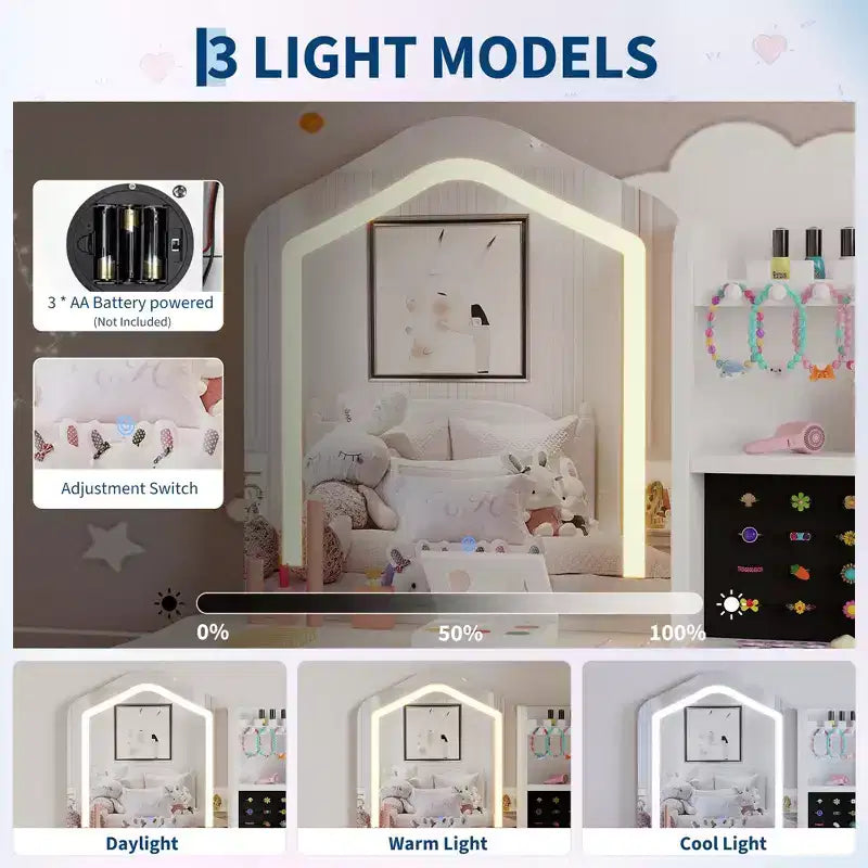 Set da toeletta per bambini con specchio, sgabello e playset trucco in legno per bambine di età compresa tra 3 e 8 anni