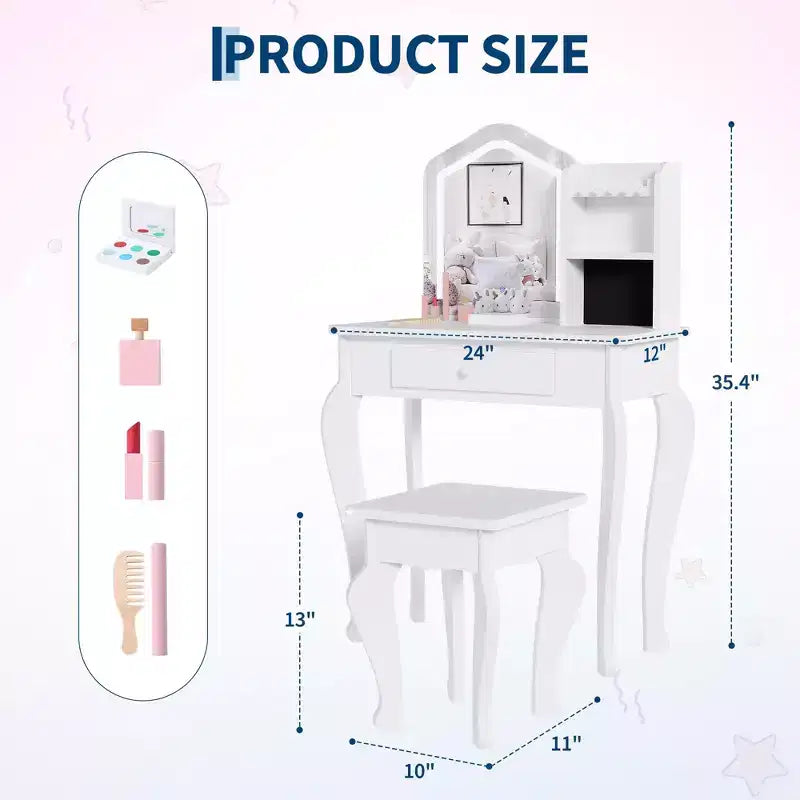 Set da toeletta per bambini con specchio, sgabello e playset trucco in legno per bambine di età compresa tra 3 e 8 anni