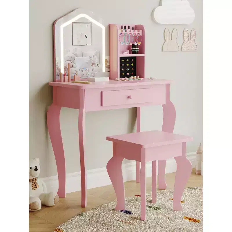 Set da toeletta per bambini con specchio, sgabello e playset trucco in legno per bambine di età compresa tra 3 e 8 anni