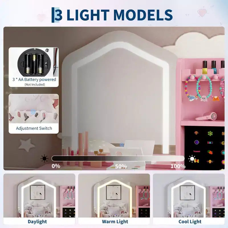 Set da toeletta per bambini con specchio, sgabello e playset trucco in legno per bambine di età compresa tra 3 e 8 anni