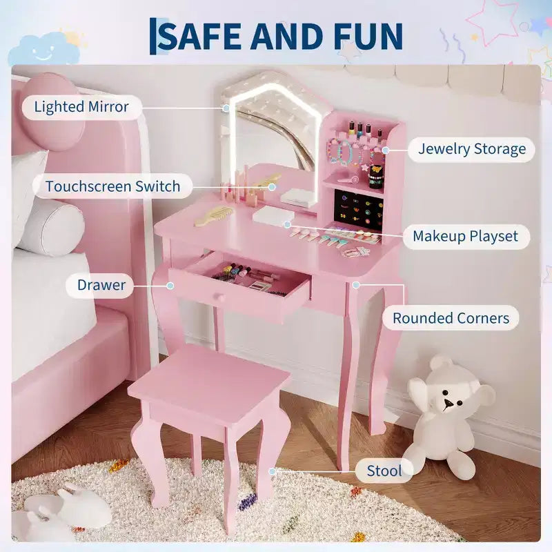 Set da toeletta per bambini con specchio, sgabello e playset trucco in legno per bambine di età compresa tra 3 e 8 anni