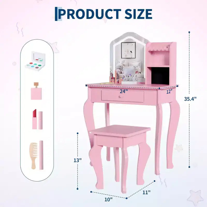 Set da toeletta per bambini con specchio, sgabello e playset trucco in legno per bambine di età compresa tra 3 e 8 anni