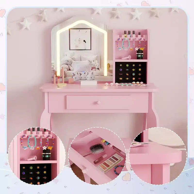 Set da toeletta per bambini con specchio, sgabello e playset trucco in legno per bambine di età compresa tra 3 e 8 anni
