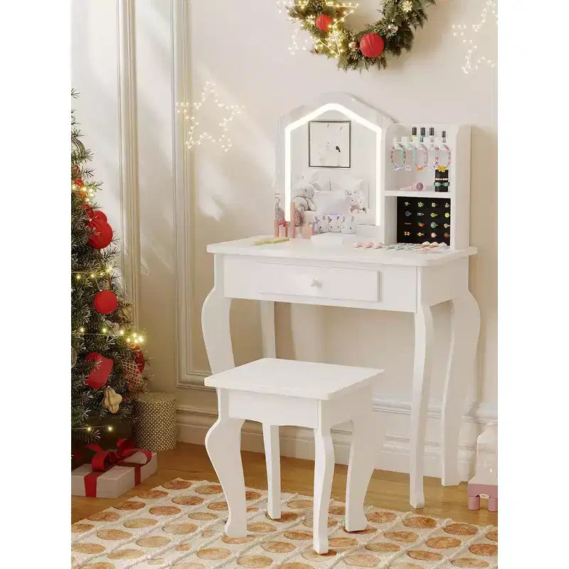 Set da toeletta per bambini con specchio, sgabello e playset trucco in legno per bambine di età compresa tra 3 e 8 anni