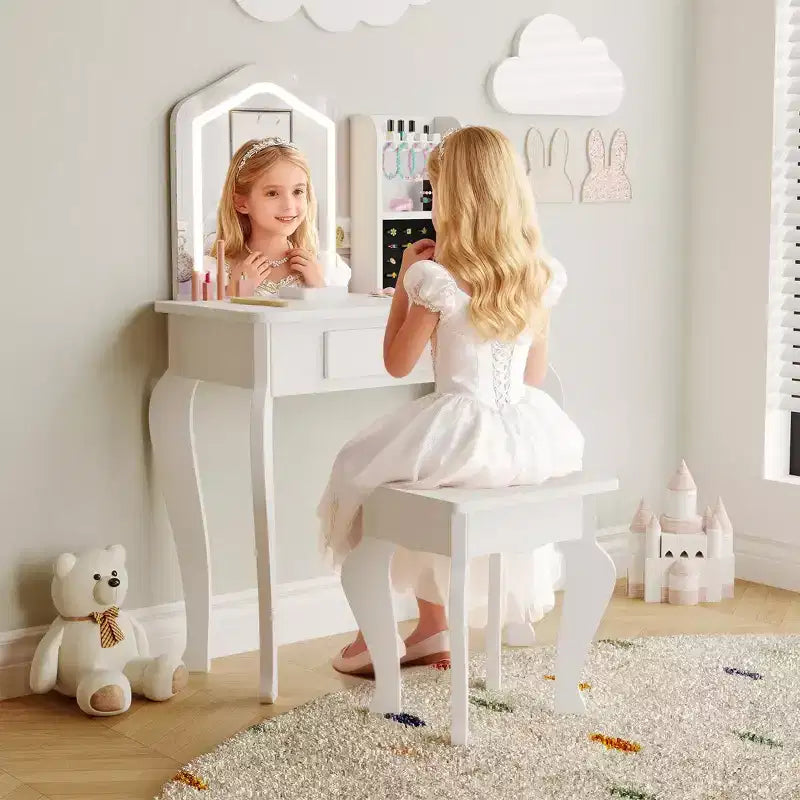Set da toeletta per bambini con specchio, sgabello e playset trucco in legno per bambine di età compresa tra 3 e 8 anni
