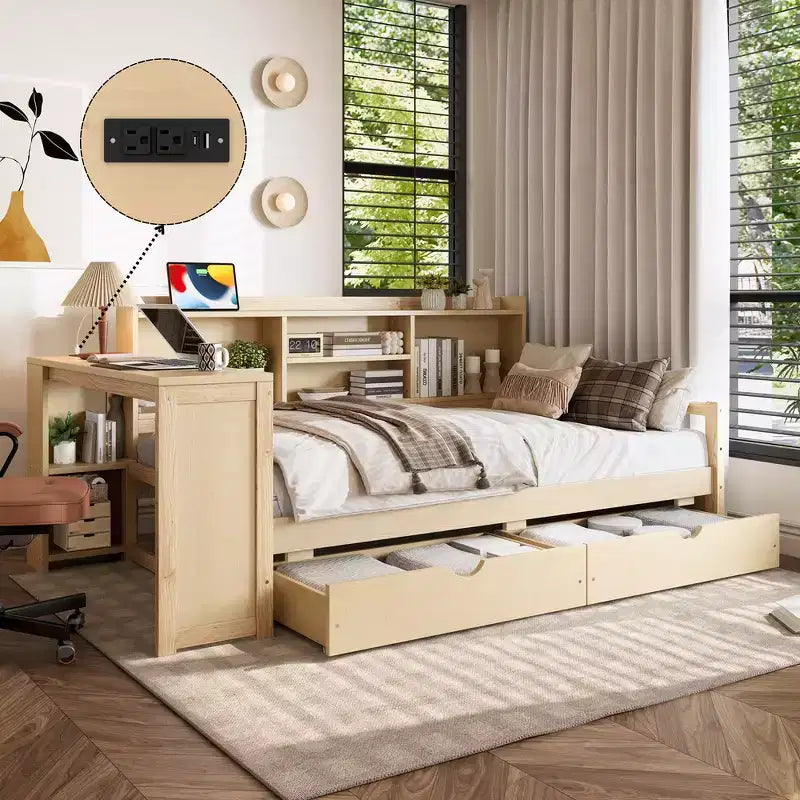 Struttura per divano letto angolare a una piazza con cassetti portaoggetti, scrivania e libreria