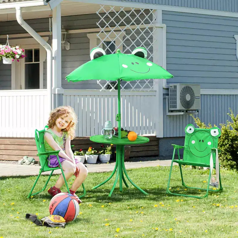 Set tavolo e sedie da esterno per bambini con ombrellone, design rana, verde