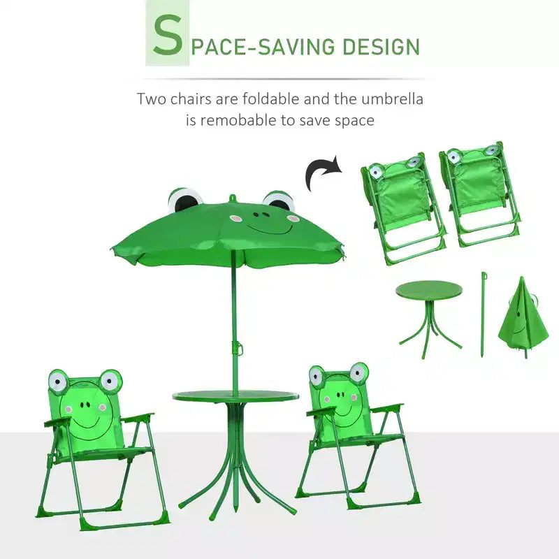 Set tavolo e sedie da esterno per bambini con ombrellone, design rana, verde