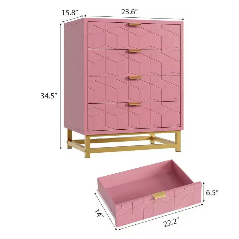 Cassettiera rosa a 4 cassetti con maniglie dorate