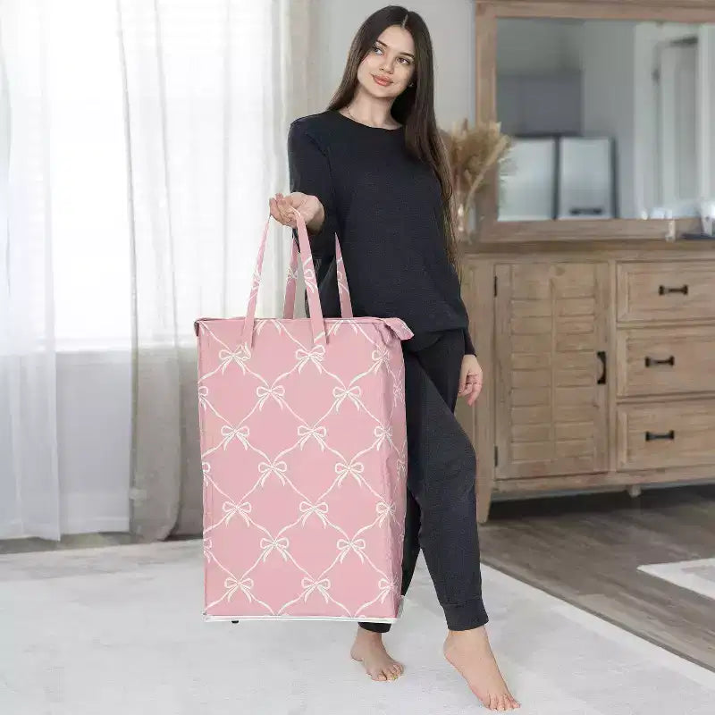 Cesto Portabiancheria Pieghevole per Bambina con Coperchio e Maniglie – Ballerina e Fiocchi da Balletto, Rosa e Bianco