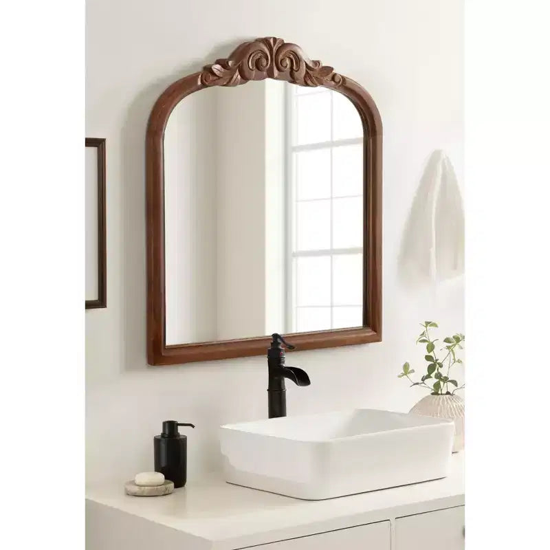 Specchio da Parete Ad Arco Intarsiato con Cornice in Legno