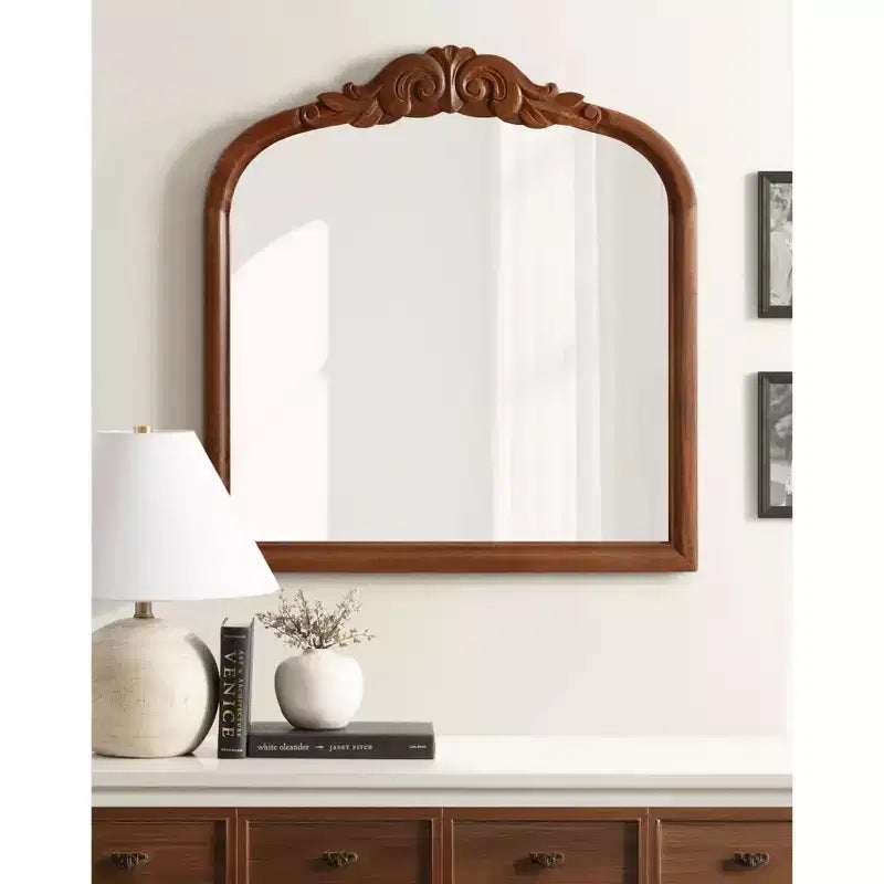 Specchio da Parete Ad Arco Intarsiato con Cornice in Legno