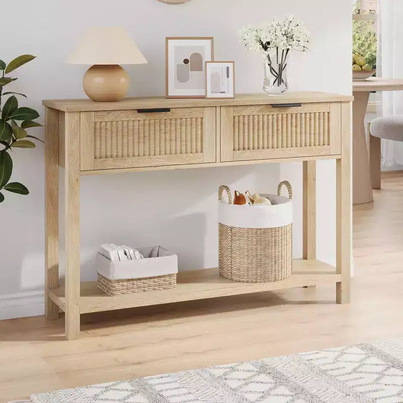 Tavolino Consolle Scanalato con 2 Cassetti e Ripiano Contenitore