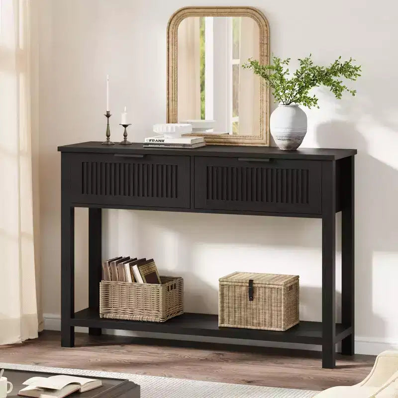 Tavolino Consolle Scanalato con 2 Cassetti e Ripiano Contenitore