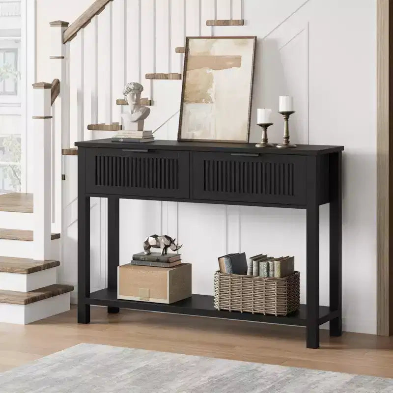 Tavolino Consolle Scanalato con 2 Cassetti e Ripiano Contenitore