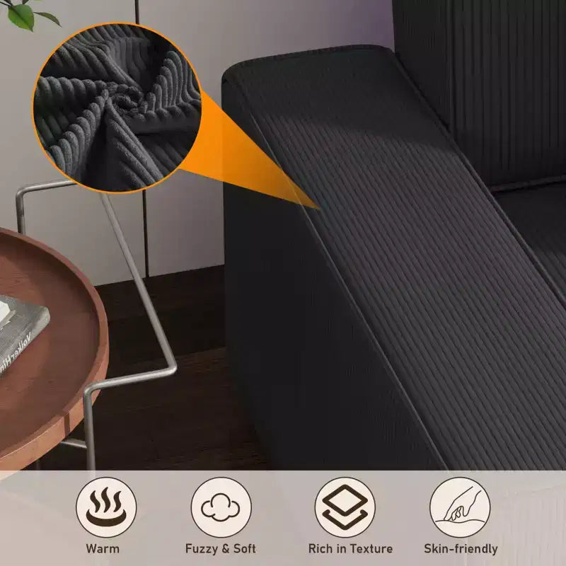 Divano sezionale a L in velluto a coste con pouf mobile