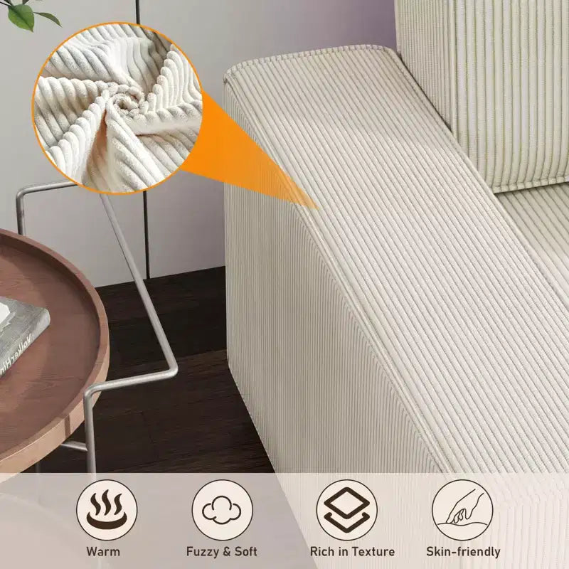 Divano sezionale a L in velluto a coste con pouf mobile