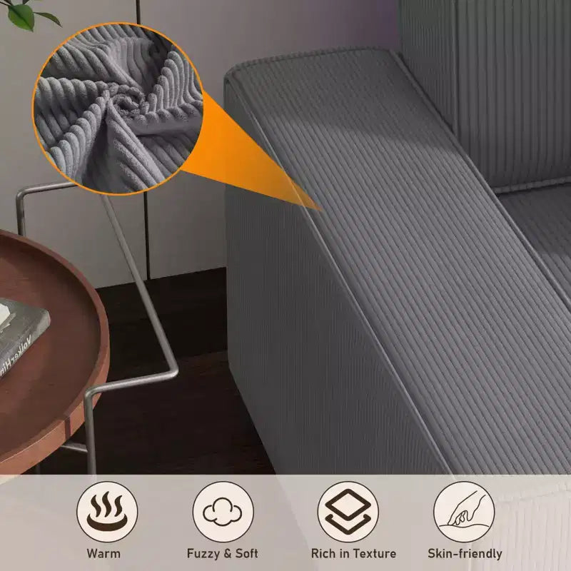 Divano sezionale a L in velluto a coste con pouf mobile