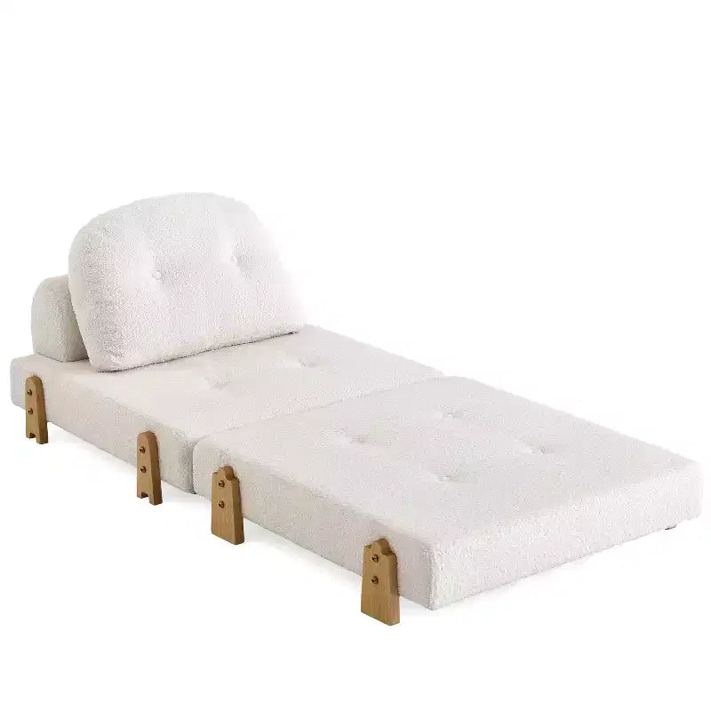Divano Letto Pieghevole Convertibile in Tessuto Teddy, Poltrona Pouf da Terra Trapuntata con Cuscino e Gambe in Legno Massello, Beige