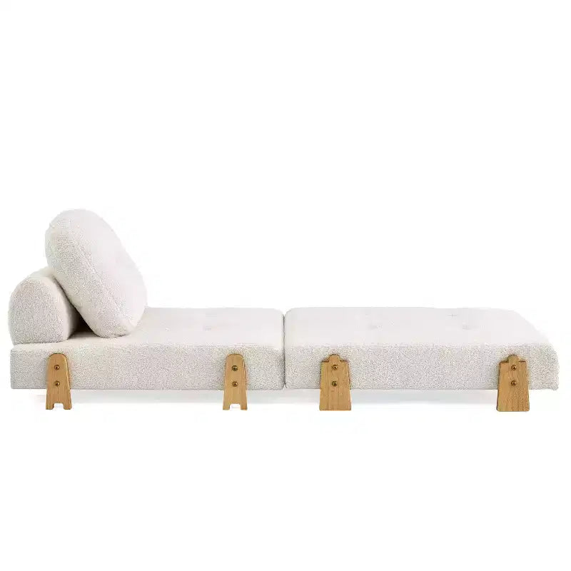 Divano Letto Pieghevole Convertibile in Tessuto Teddy, Poltrona Pouf da Terra Trapuntata con Cuscino e Gambe in Legno Massello, Beige