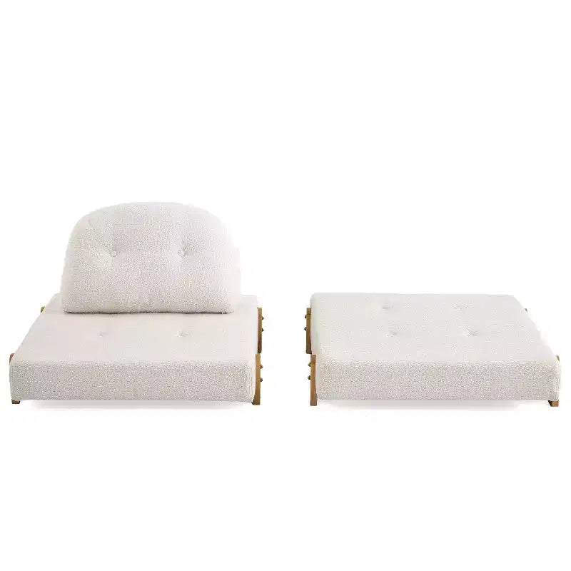 Divano Letto Pieghevole Convertibile in Tessuto Teddy, Poltrona Pouf da Terra Trapuntata con Cuscino e Gambe in Legno Massello, Beige