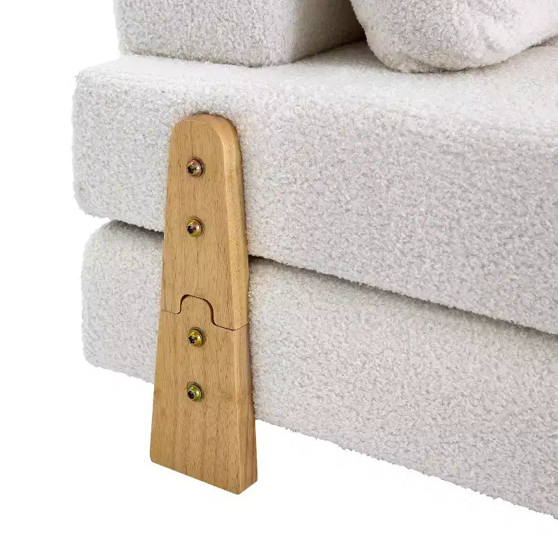 Divano Letto Pieghevole Convertibile in Tessuto Teddy, Poltrona Pouf da Terra Trapuntata con Cuscino e Gambe in Legno Massello, Beige