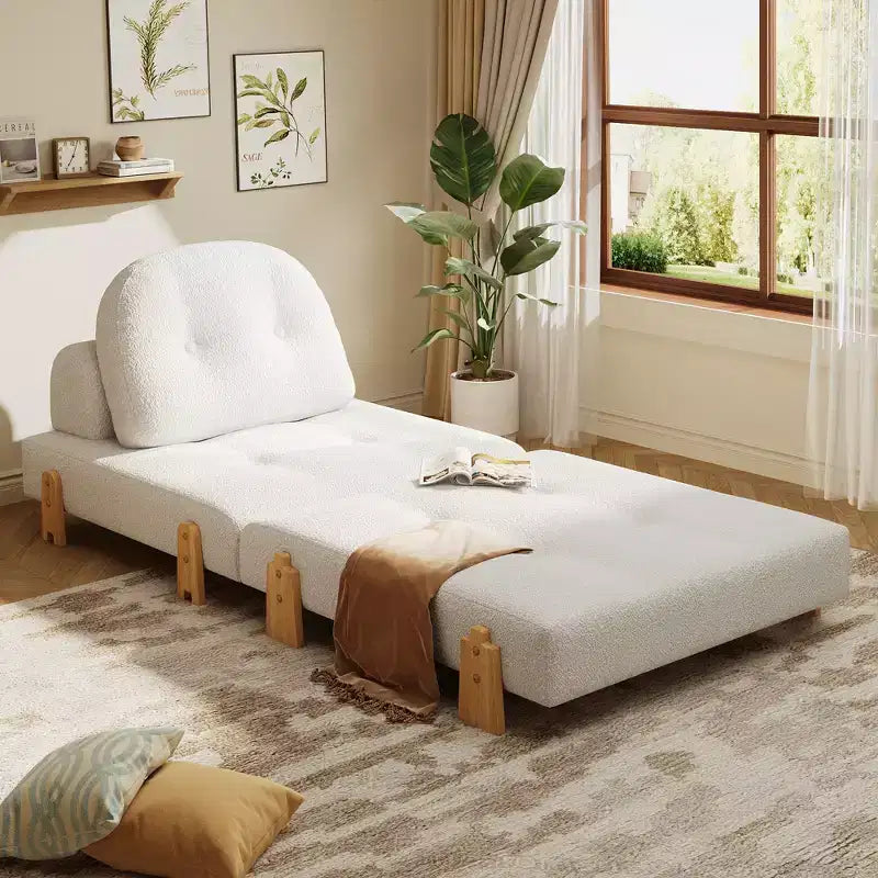 Divano Letto Pieghevole Convertibile in Tessuto Teddy, Poltrona Pouf da Terra Trapuntata con Cuscino e Gambe in Legno Massello, Beige