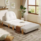 Divano Letto Pieghevole Convertibile in Tessuto Teddy, Poltrona Pouf da Terra Trapuntata con Cuscino e Gambe in Legno Massello, Beige
