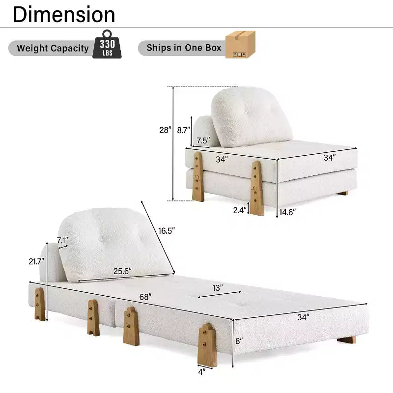 Divano Letto Pieghevole Convertibile in Tessuto Teddy, Poltrona Pouf da Terra Trapuntata con Cuscino e Gambe in Legno Massello, Beige