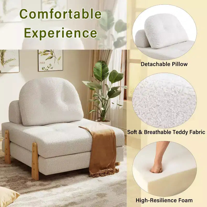 Divano Letto Pieghevole Convertibile in Tessuto Teddy, Poltrona Pouf da Terra Trapuntata con Cuscino e Gambe in Legno Massello, Beige