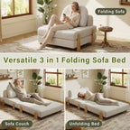 Divano Letto Pieghevole Convertibile in Tessuto Teddy, Poltrona Pouf da Terra Trapuntata con Cuscino e Gambe in Legno Massello, Beige