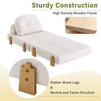 Divano Letto Pieghevole Convertibile in Tessuto Teddy, Poltrona Pouf da Terra Trapuntata con Cuscino e Gambe in Legno Massello, Beige