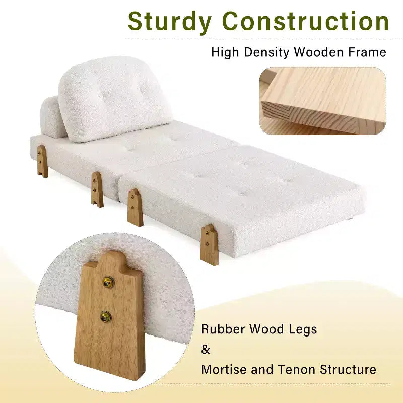 Divano Letto Pieghevole Convertibile in Tessuto Teddy, Poltrona Pouf da Terra Trapuntata con Cuscino e Gambe in Legno Massello, Beige
