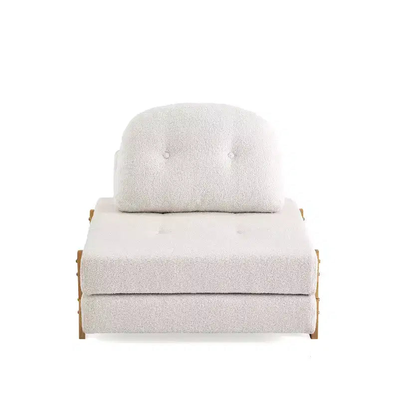 Divano Letto Pieghevole Convertibile in Tessuto Teddy, Poltrona Pouf da Terra Trapuntata con Cuscino e Gambe in Legno Massello, Beige
