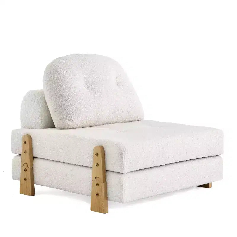 Divano Letto Pieghevole Convertibile in Tessuto Teddy, Poltrona Pouf da Terra Trapuntata con Cuscino e Gambe in Legno Massello, Beige