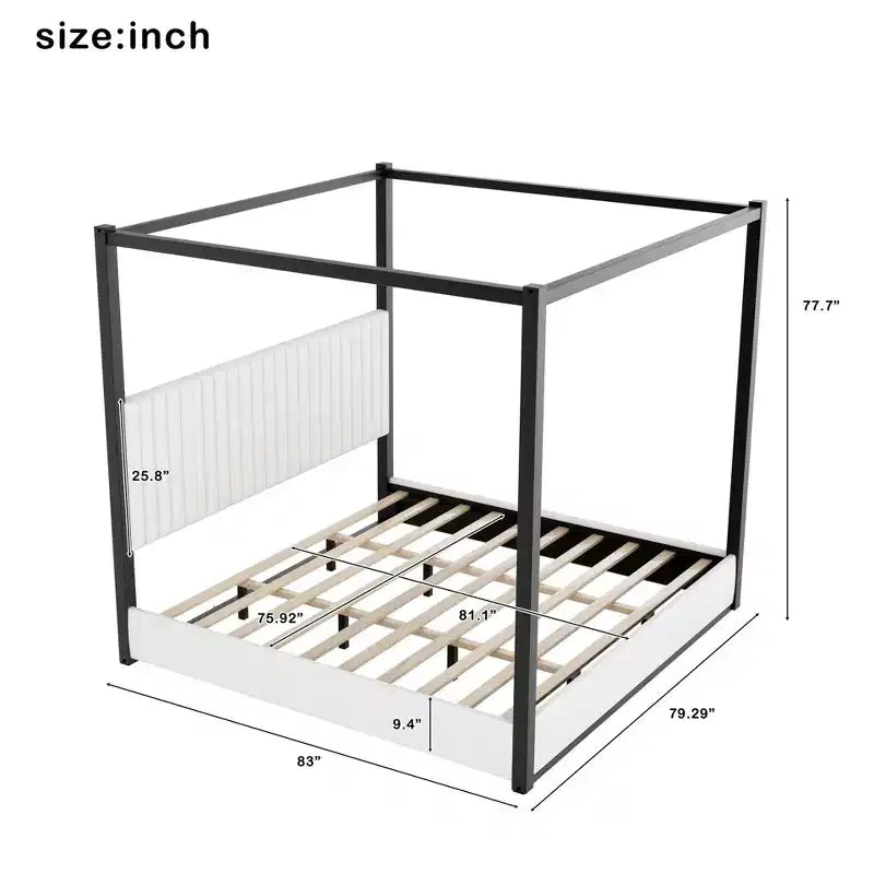 Letto a baldacchino King Size con testiera imbottita e struttura in metallo