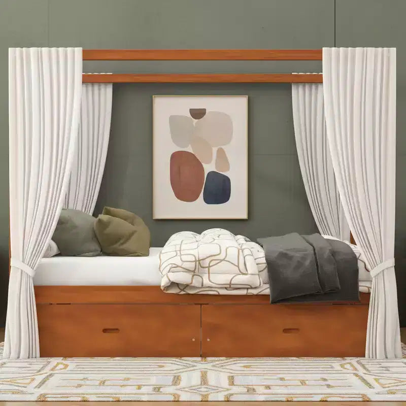 Letto a baldacchino rustico in legno con cassetti contenitore