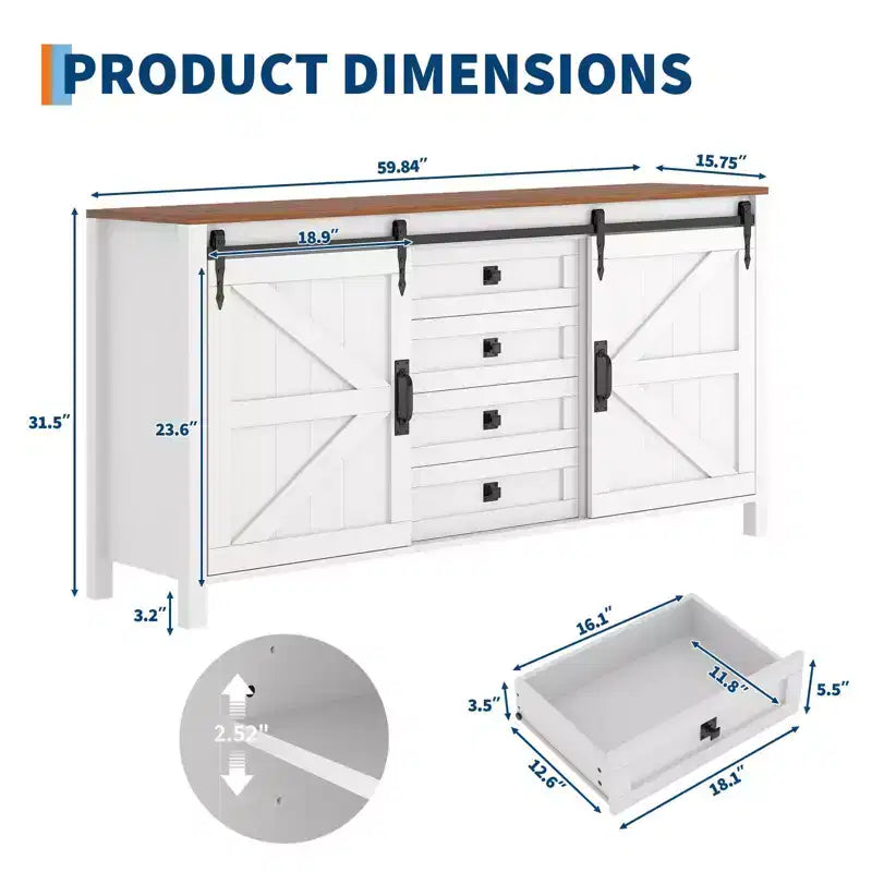 Credenza da 60 pollici con ante scorrevoli e 4 cassetti