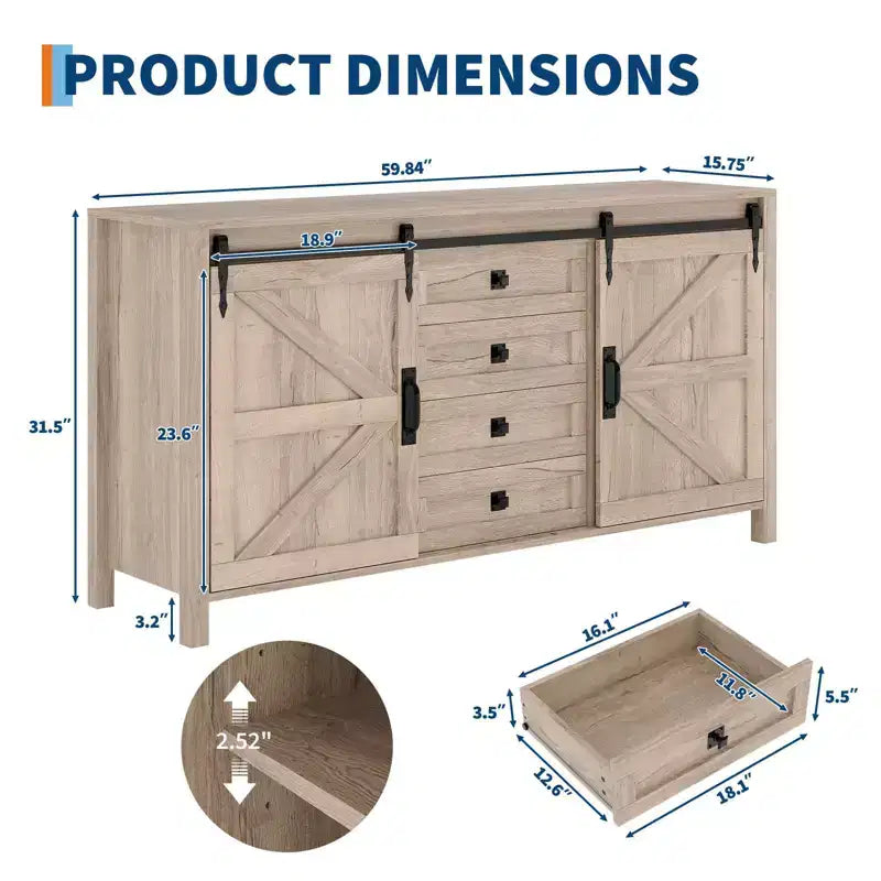 Credenza da 60 pollici con ante scorrevoli e 4 cassetti