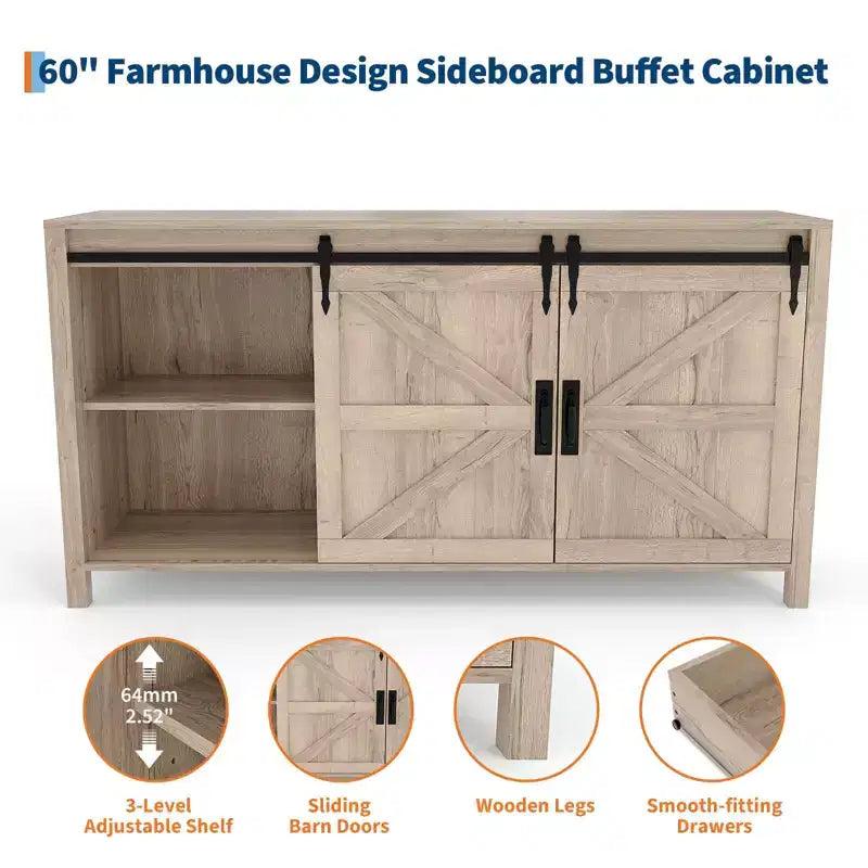 Credenza da 60 pollici con ante scorrevoli e 4 cassetti