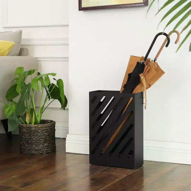 Portaombrelli in metallo con vaschetta raccogligocce rimovibile, 4 ganci, design a fori, per ingresso e ufficio, nero
