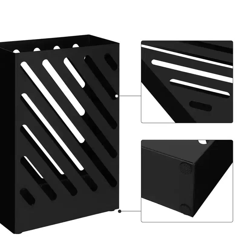 Portaombrelli in metallo con vaschetta raccogligocce rimovibile, 4 ganci, design a fori, per ingresso e ufficio, nero